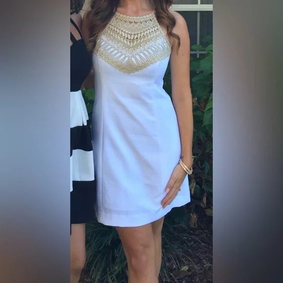 Lilly Pulitzer | Dresses | Lilly Pulitzer White Gold Crochet Trim Halter Shift Dress | Poshmark Lilly Pulitzer | Dresses | Lilly Pulitzer White Gold Crochet Trim Halter Shift Dress | Poshmark